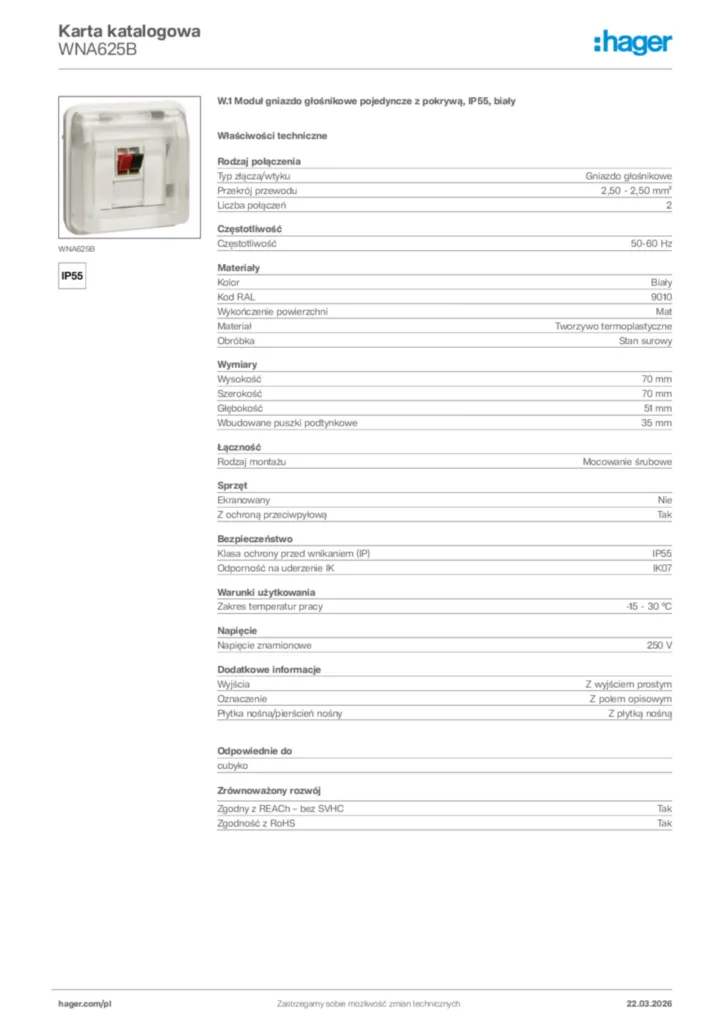 Zdjęcie Hager Karta katalogowa WNA625B | Hager Polska