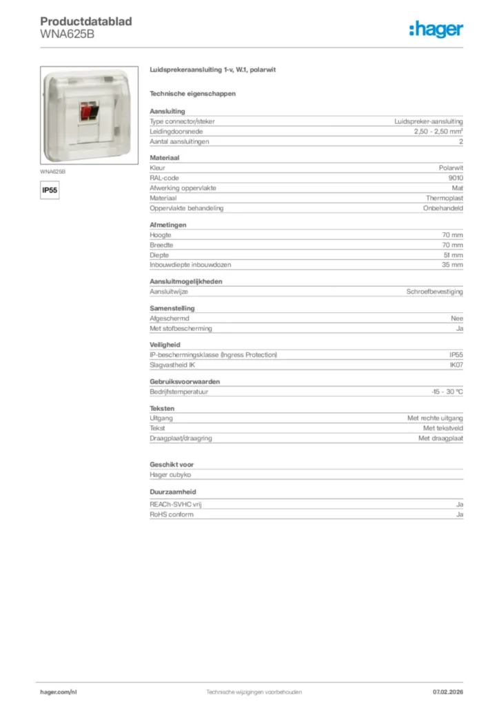 Afbeelding Hager Productdatablad WNA625B | Hager Nederland