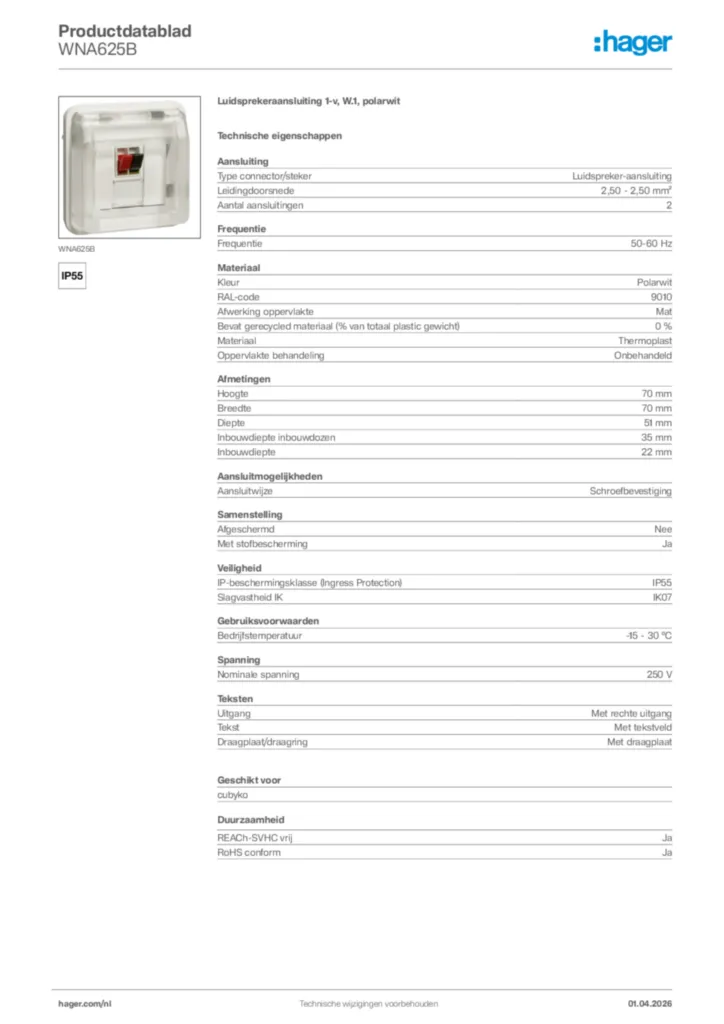 Afbeelding Hager Productdatablad WNA625B | Hager Nederland