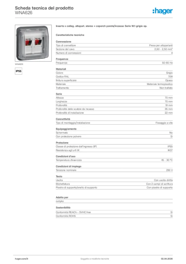 Immagine Hager Scheda tecnica del prodotto WNA626 | Hager Italia