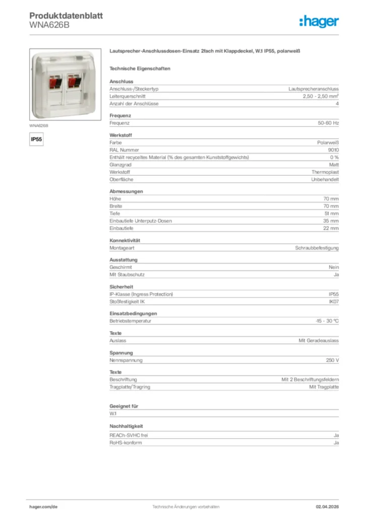 Bild Hager Produktdatenblatt WNA626B | Hager Deutschland