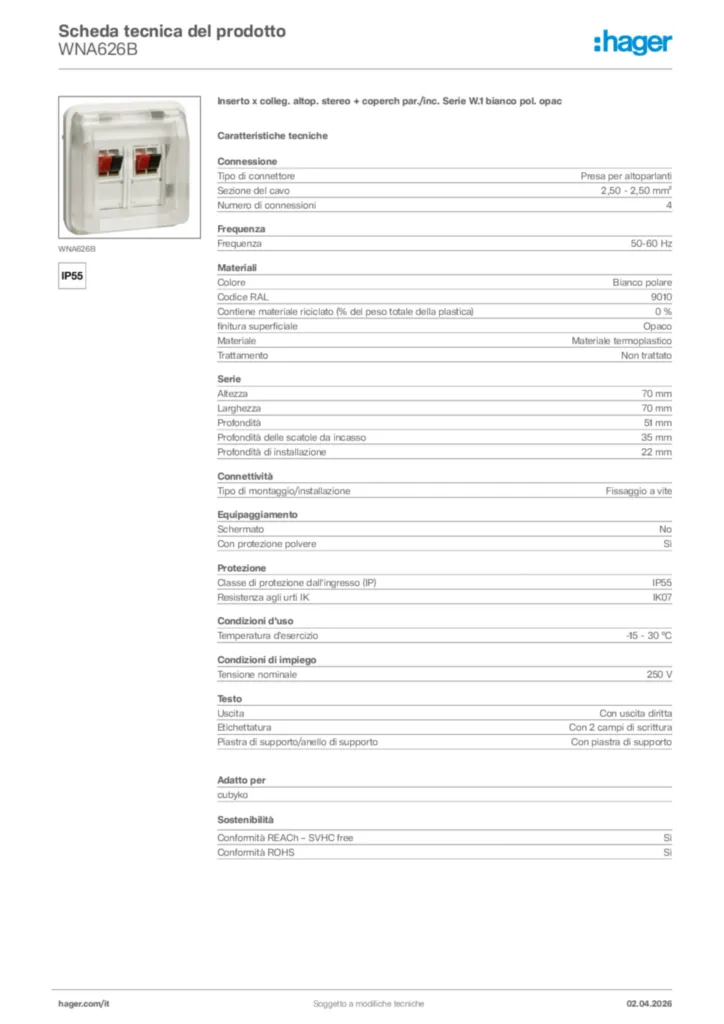 Immagine Hager Scheda tecnica del prodotto WNA626B | Hager Italia