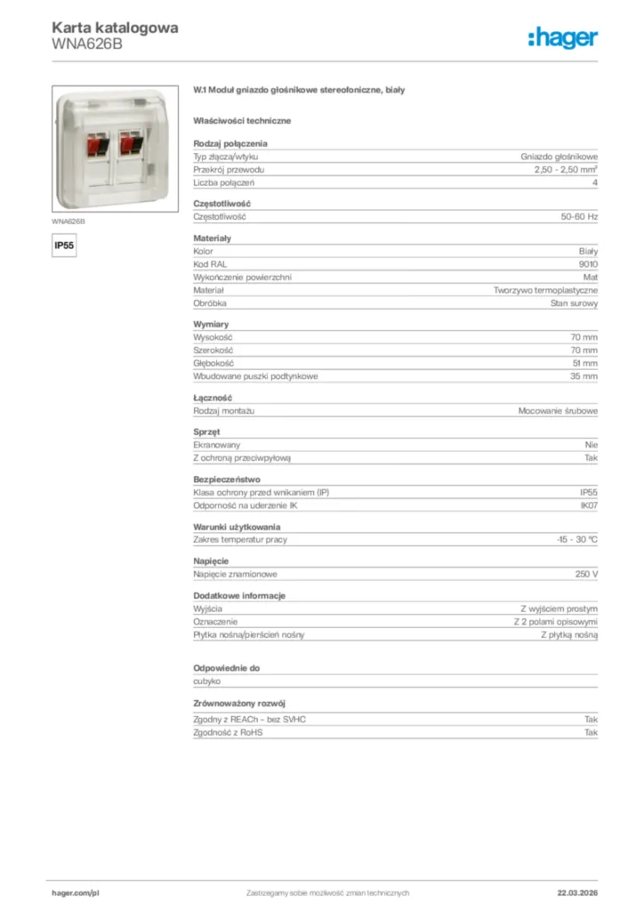 Zdjęcie Hager Karta katalogowa WNA626B | Hager Polska