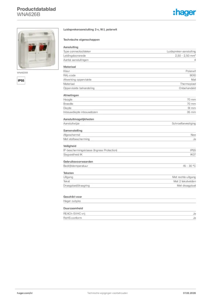 Afbeelding Hager Productdatablad WNA626B | Hager Nederland