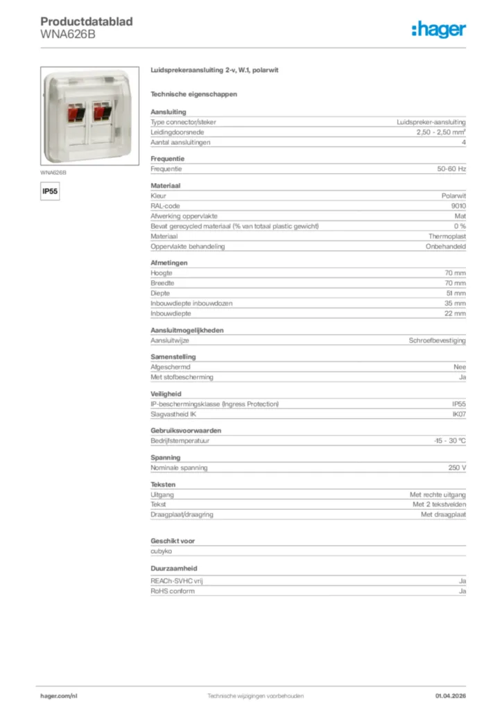 Afbeelding Hager Productdatablad WNA626B | Hager Nederland