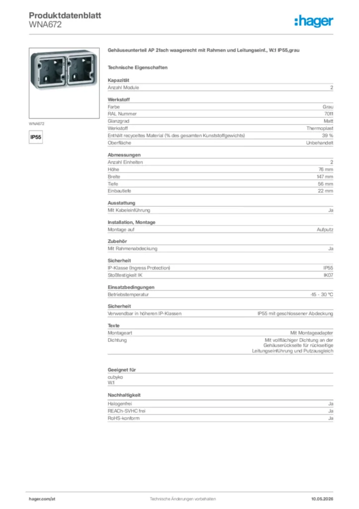 Bild Hager Produktdatenblatt WNA672 | Hager Deutschland