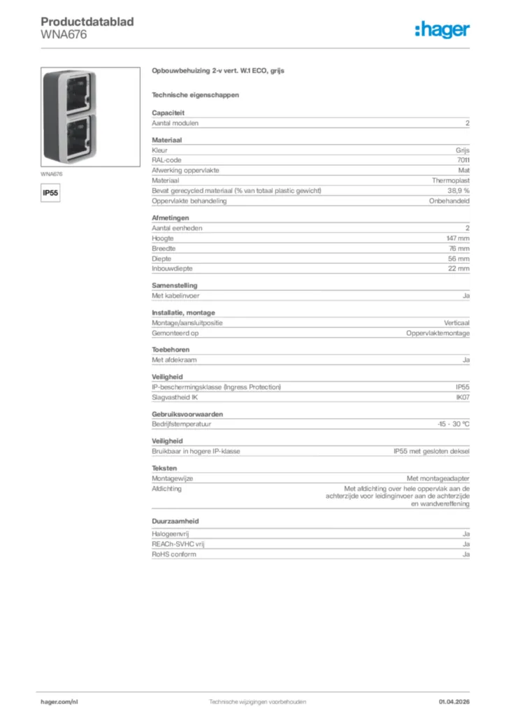 Afbeelding Hager Productdatablad WNA676 | Hager Nederland