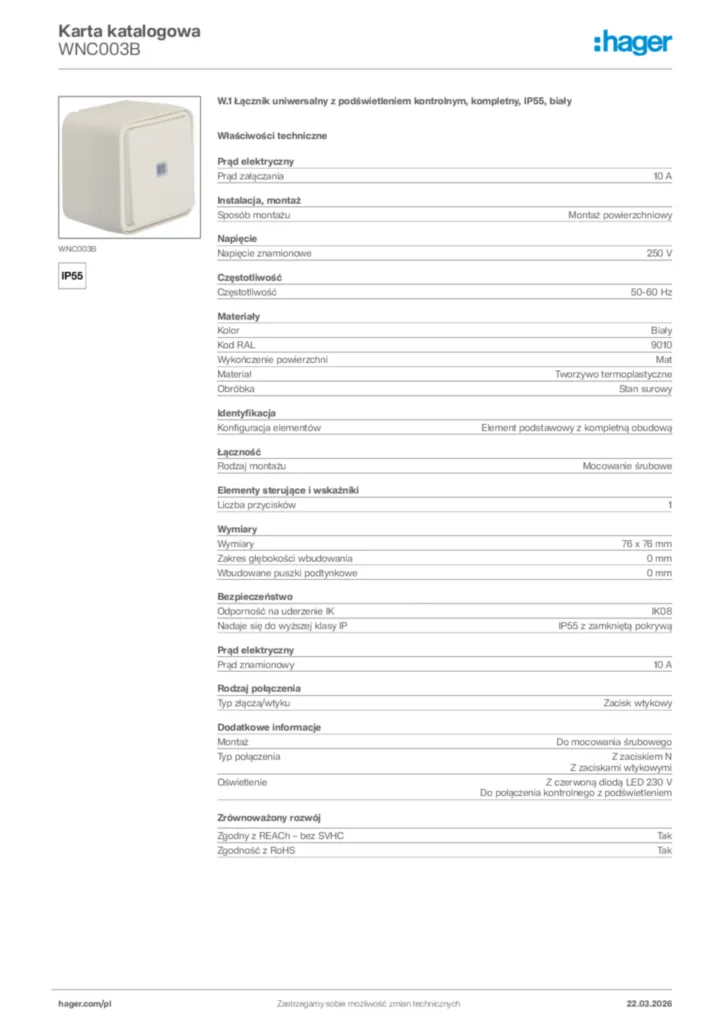 Zdjęcie Hager Karta katalogowa WNC003B | Hager Polska