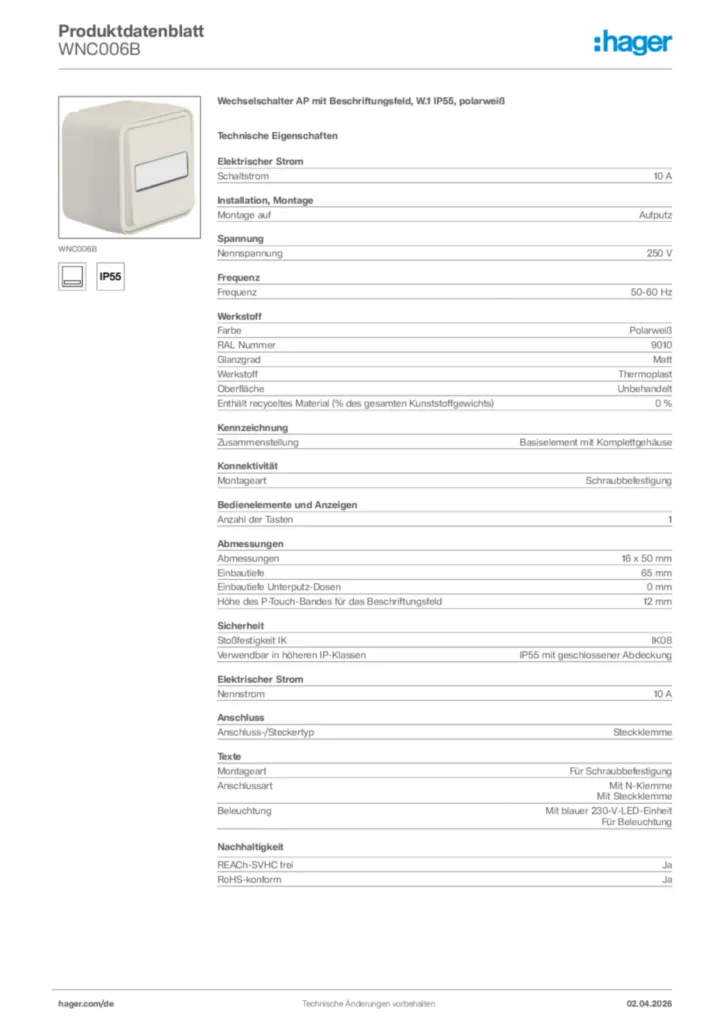 Bild Hager Produktdatenblatt WNC006B | Hager Deutschland