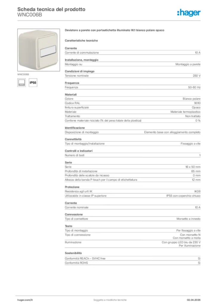 Immagine Hager Scheda tecnica del prodotto WNC006B | Hager Italia