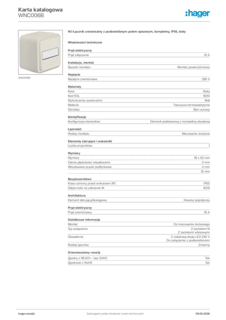 Zdjęcie Hager Karta katalogowa WNC006B | Hager Polska