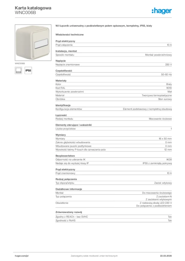 Zdjęcie Hager Karta katalogowa WNC006B | Hager Polska