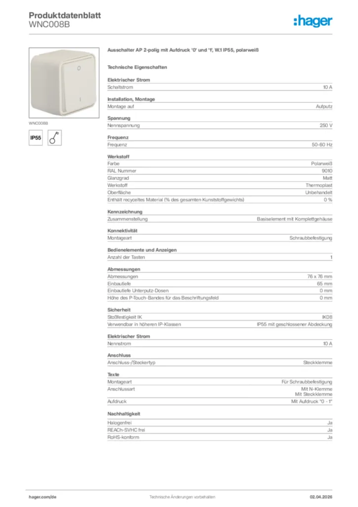 Bild Hager Produktdatenblatt WNC008B | Hager Deutschland