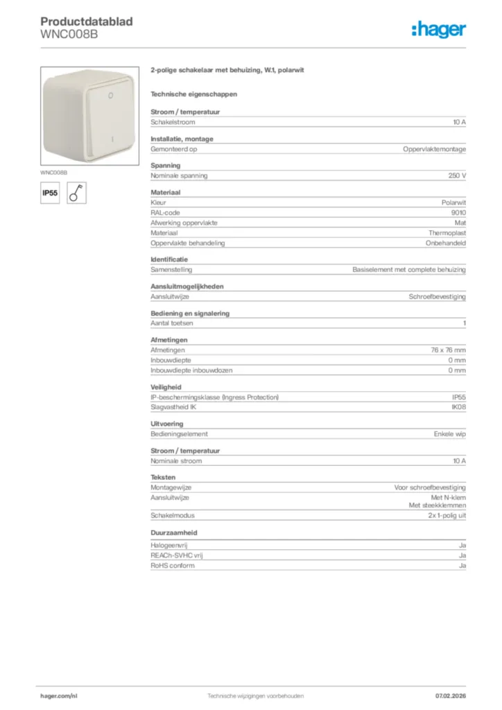 Afbeelding Hager Productdatablad WNC008B | Hager Nederland