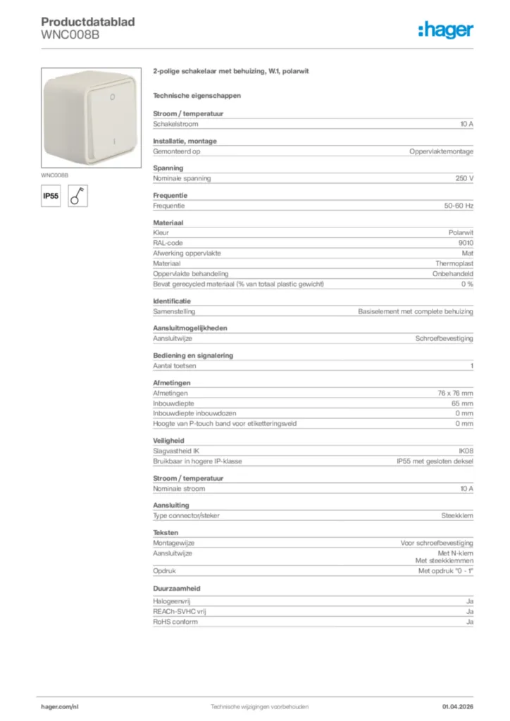 Afbeelding Hager Productdatablad WNC008B | Hager Nederland