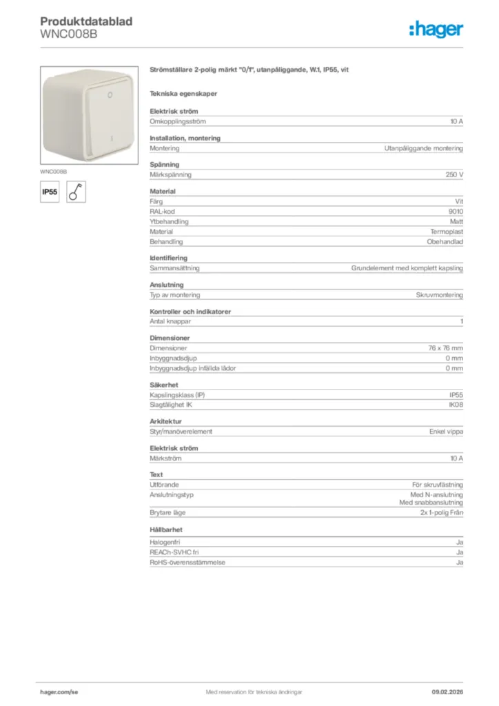 Bild Hager Produktdatablad WNC008B | Hager Sverige