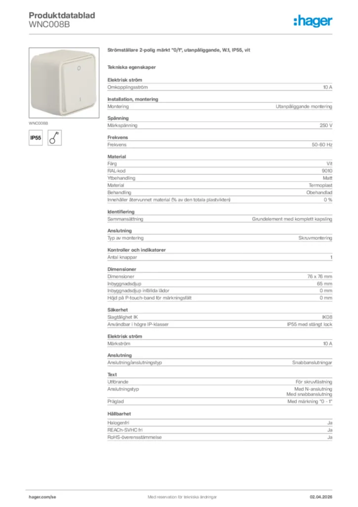 Bild Hager Produktdatablad WNC008B | Hager Sverige