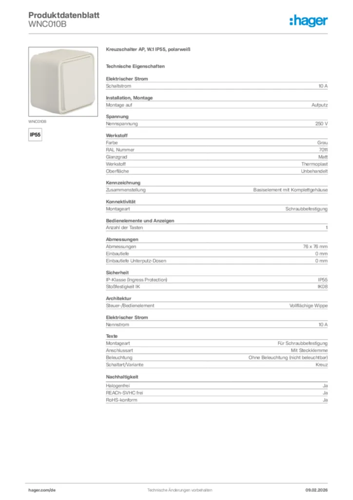 Bild Hager Produktdatenblatt WNC010B | Hager Deutschland