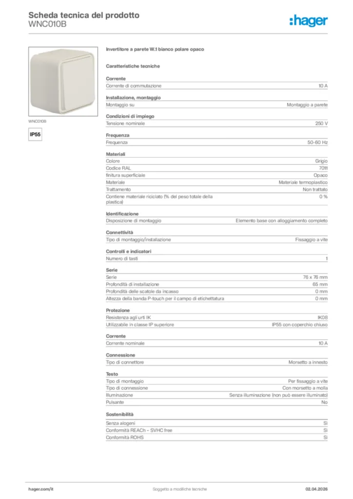 Immagine Hager Scheda tecnica del prodotto WNC010B | Hager Italia
