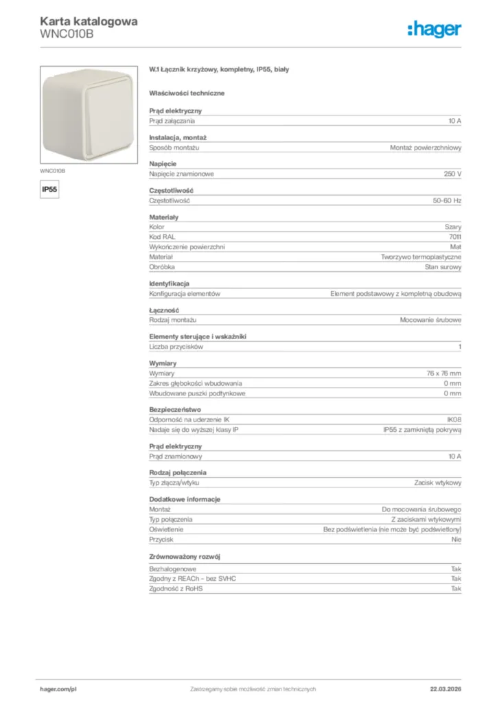 Zdjęcie Hager Karta katalogowa WNC010B | Hager Polska