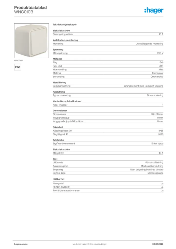 Bild Hager Produktdatablad WNC010B | Hager Sverige