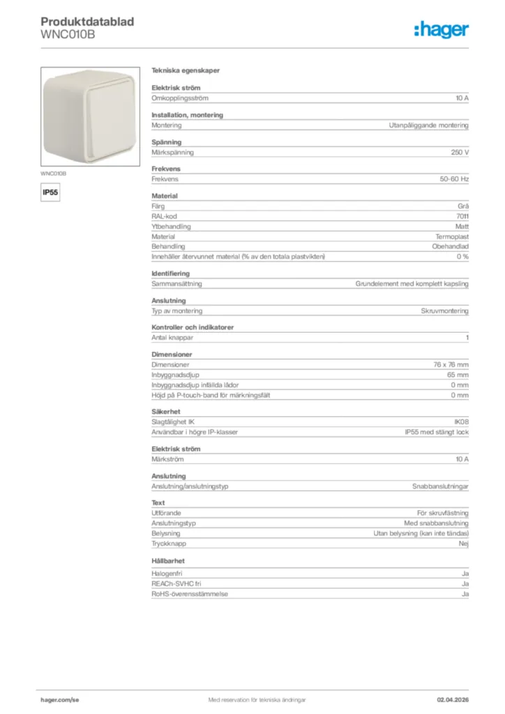 Bild Hager Produktdatablad WNC010B | Hager Sverige