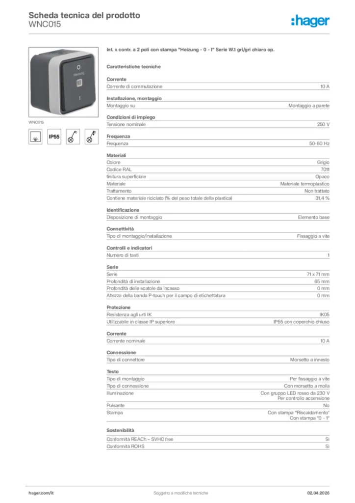 Immagine Hager Scheda tecnica del prodotto WNC015 | Hager Italia