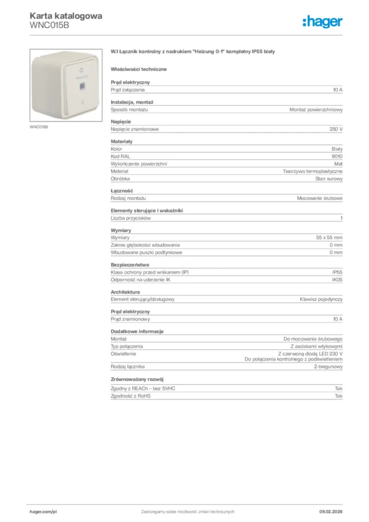 Zdjęcie Hager Karta katalogowa WNC015B | Hager Polska