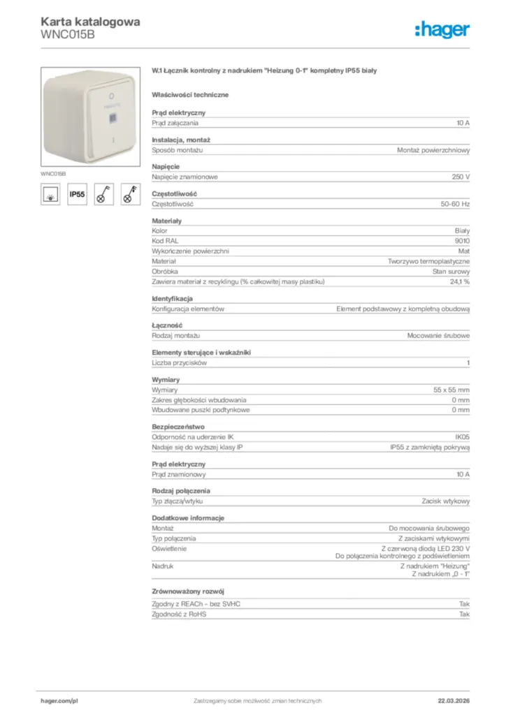 Zdjęcie Hager Karta katalogowa WNC015B | Hager Polska