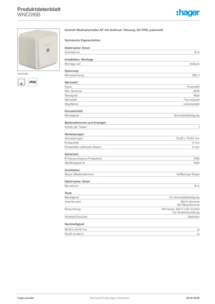 Bild Hager Produktdatenblatt WNC016B | Hager Deutschland