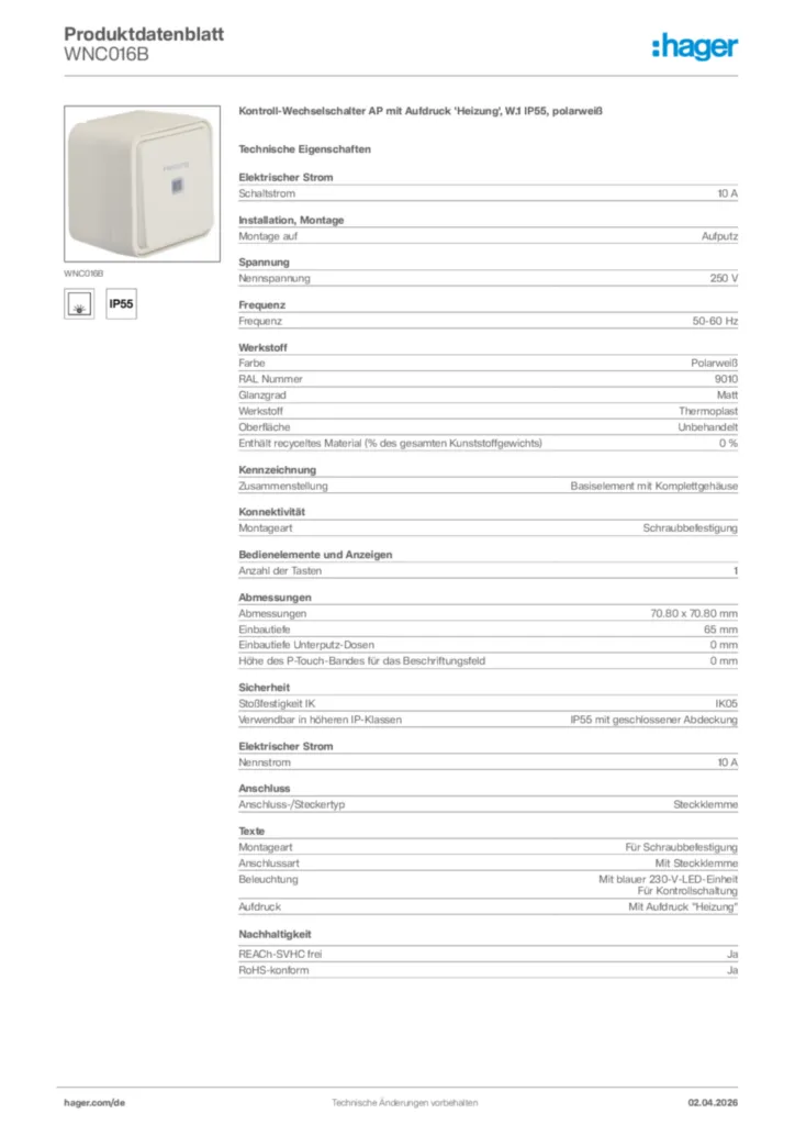 Bild Hager Produktdatenblatt WNC016B | Hager Deutschland