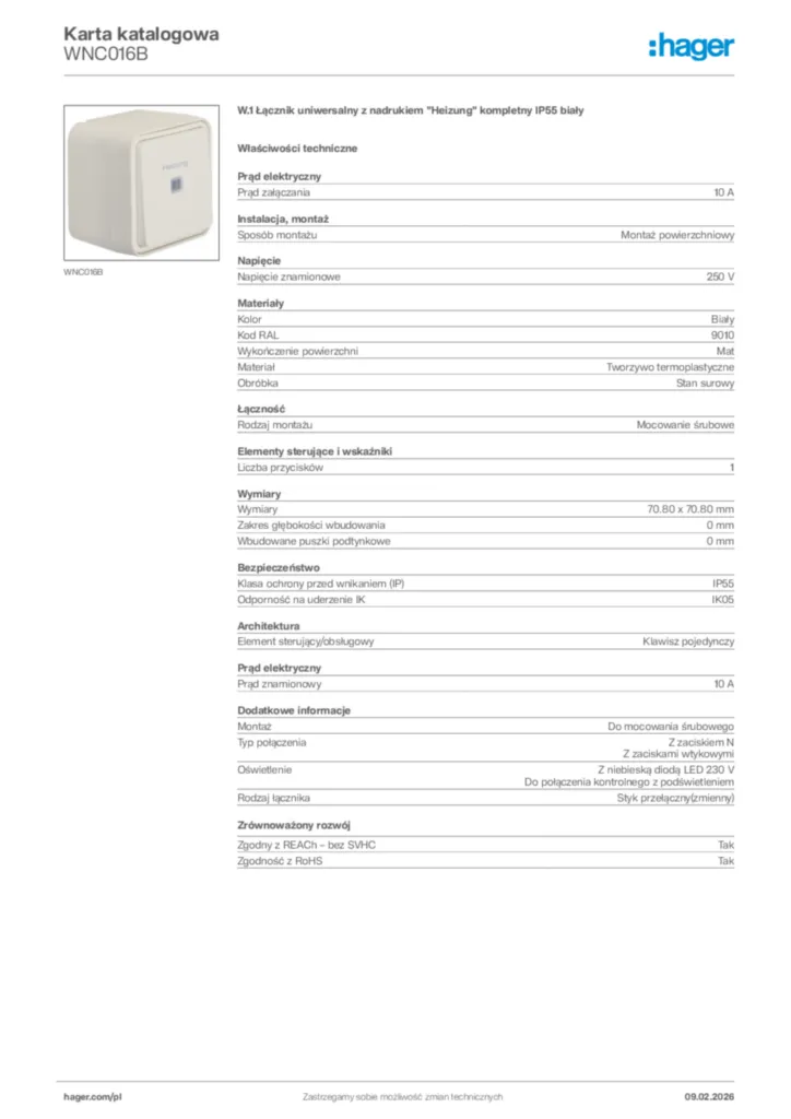 Zdjęcie Hager Karta katalogowa WNC016B | Hager Polska