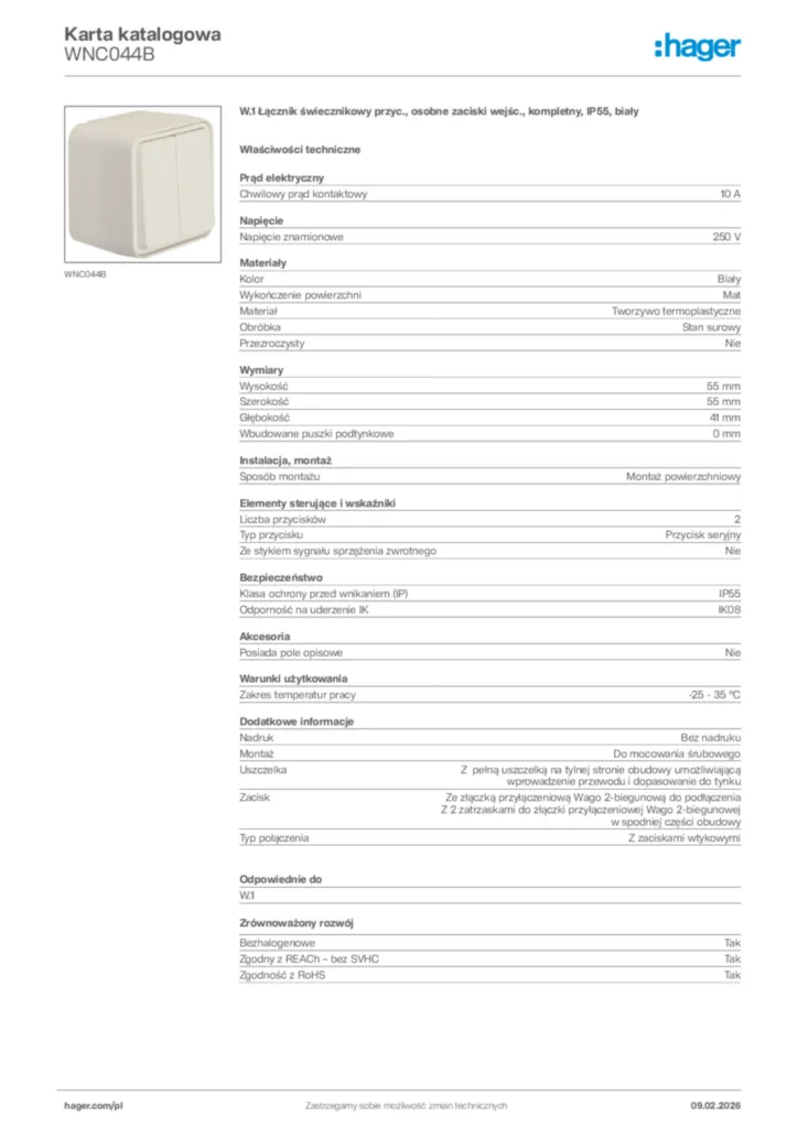 Zdjęcie Hager Karta katalogowa WNC044B | Hager Polska