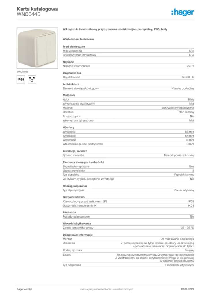 Zdjęcie Hager Karta katalogowa WNC044B | Hager Polska