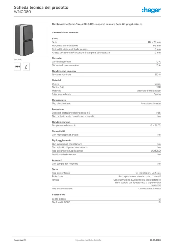 Immagine Hager Scheda tecnica del prodotto WNC080 | Hager Italia