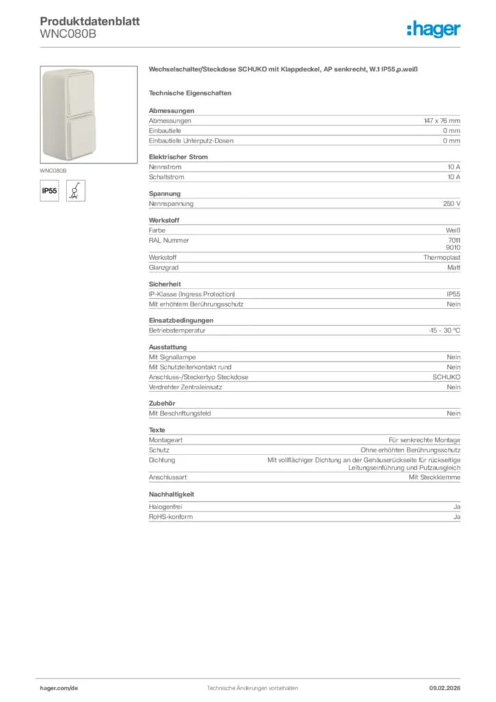 Bild Hager Produktdatenblatt WNC080B | Hager Deutschland
