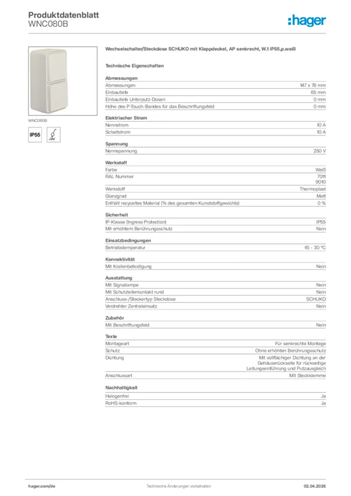 Bild Hager Produktdatenblatt WNC080B | Hager Deutschland