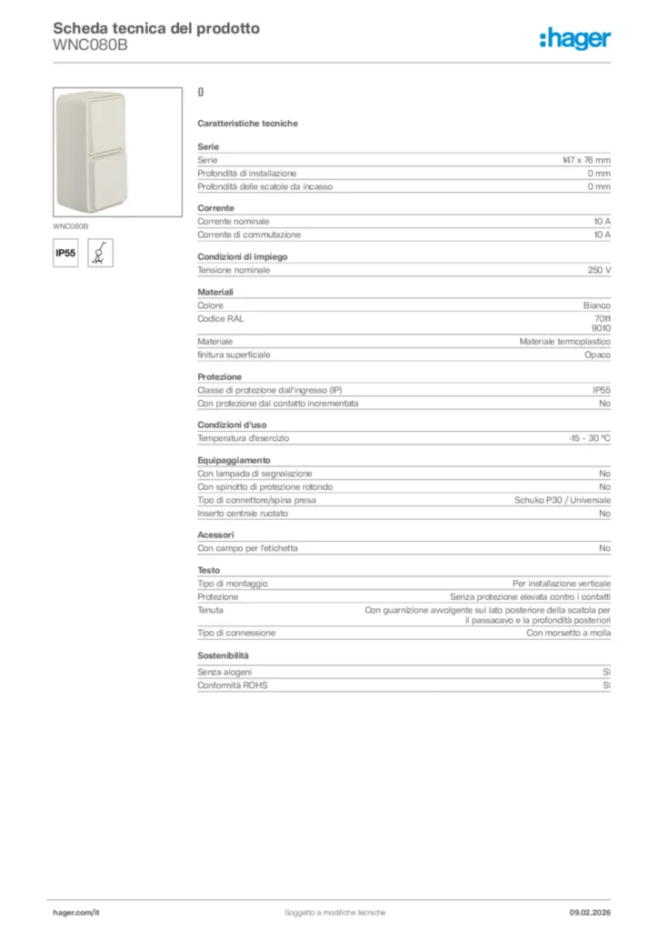 Immagine Hager Scheda tecnica del prodotto WNC080B | Hager Italia