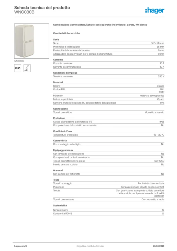 Immagine Hager Scheda tecnica del prodotto WNC080B | Hager Italia