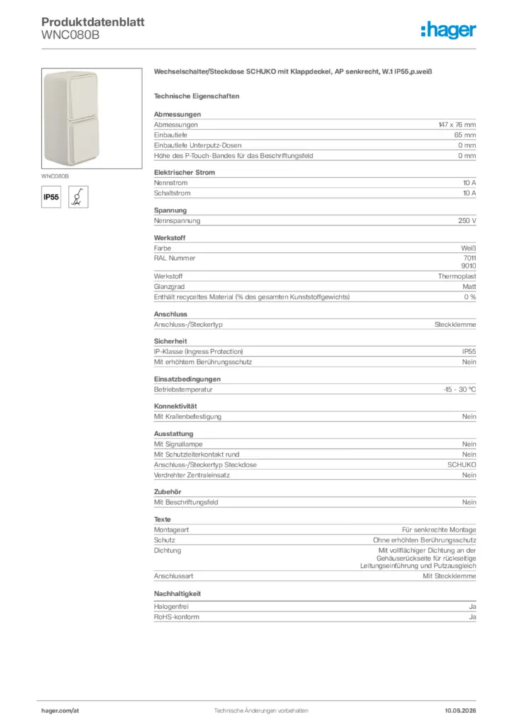 Bild Hager Produktdatenblatt WNC080B | Hager Deutschland