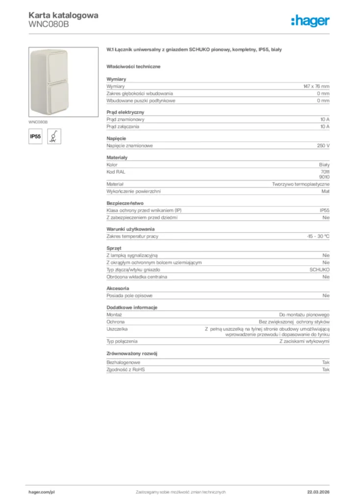 Zdjęcie Hager Karta katalogowa WNC080B | Hager Polska