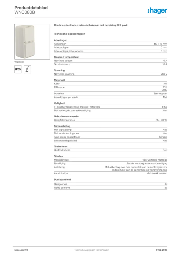 Afbeelding Hager Productdatablad WNC080B | Hager Nederland