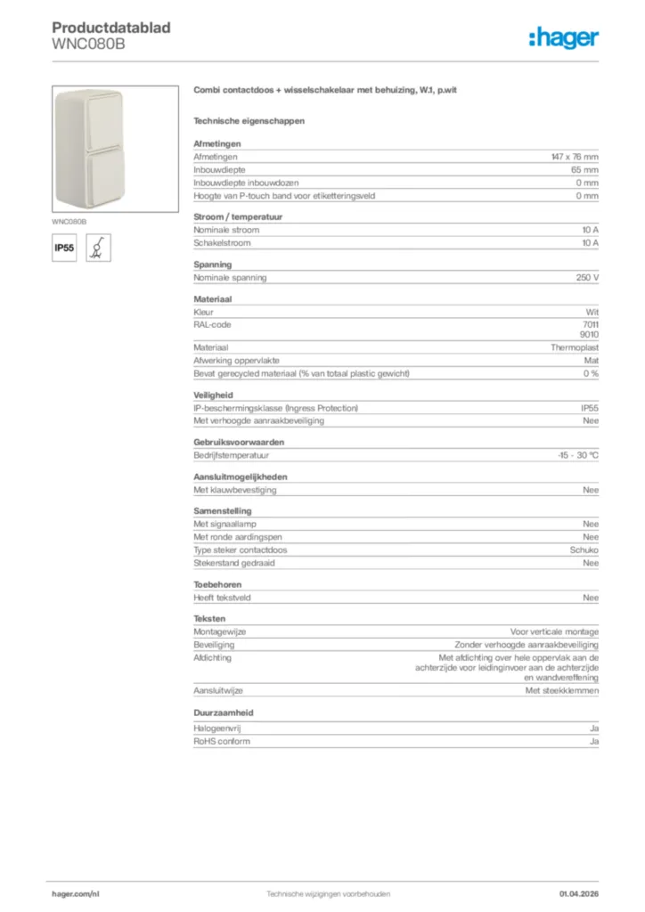 Afbeelding Hager Productdatablad WNC080B | Hager Nederland