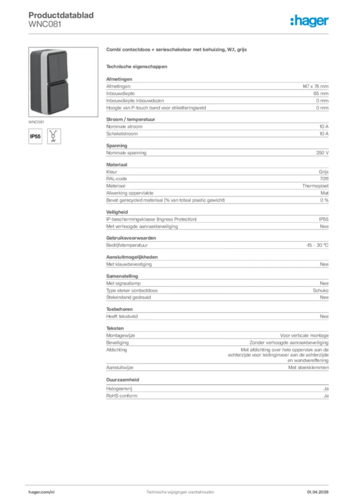 Afbeelding Hager Productdatablad WNC081 | Hager Nederland