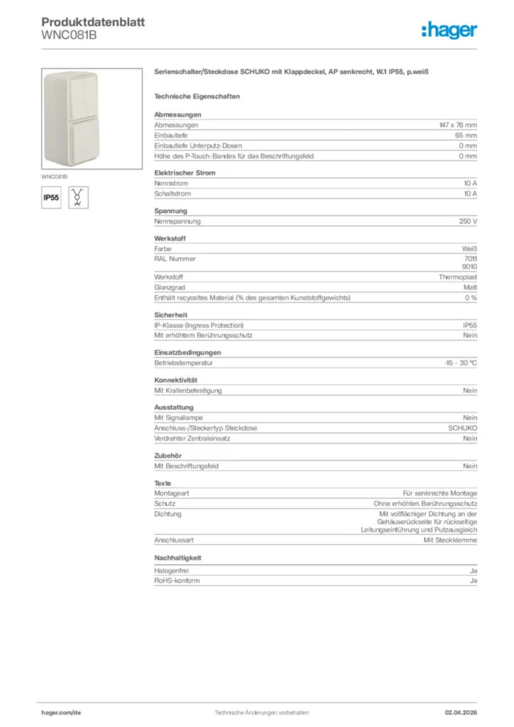 Bild Hager Produktdatenblatt WNC081B | Hager Deutschland