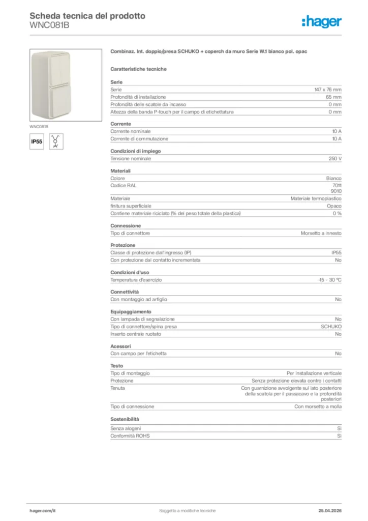 Immagine Hager Scheda tecnica del prodotto WNC081B | Hager Italia
