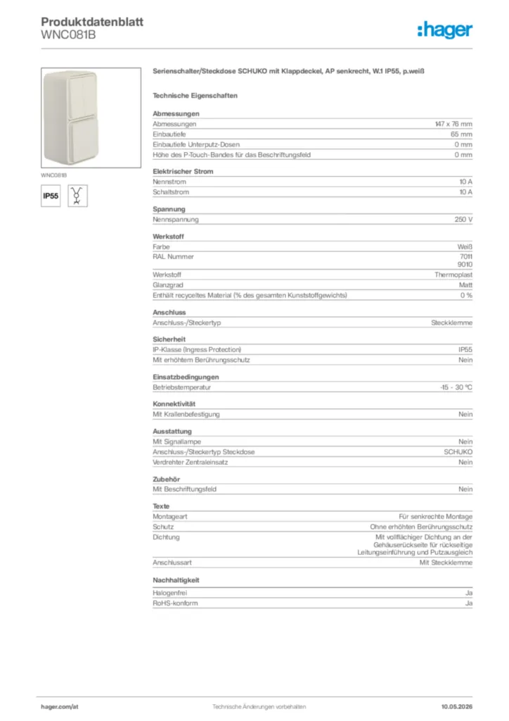 Bild Hager Produktdatenblatt WNC081B | Hager Deutschland