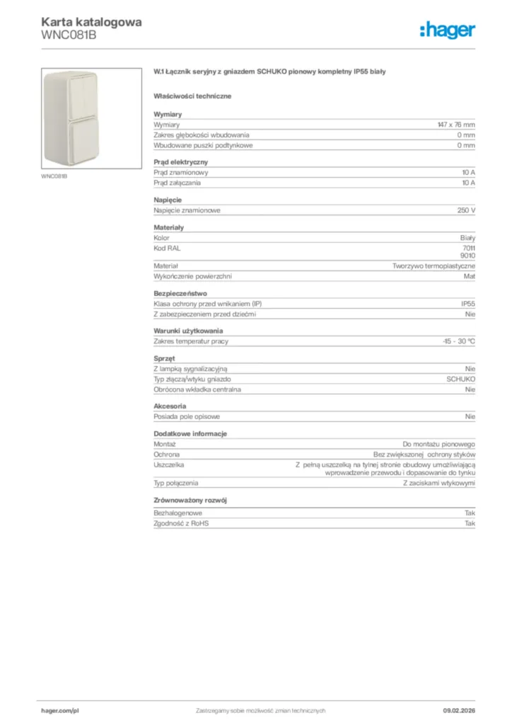 Zdjęcie Hager Karta katalogowa WNC081B | Hager Polska
