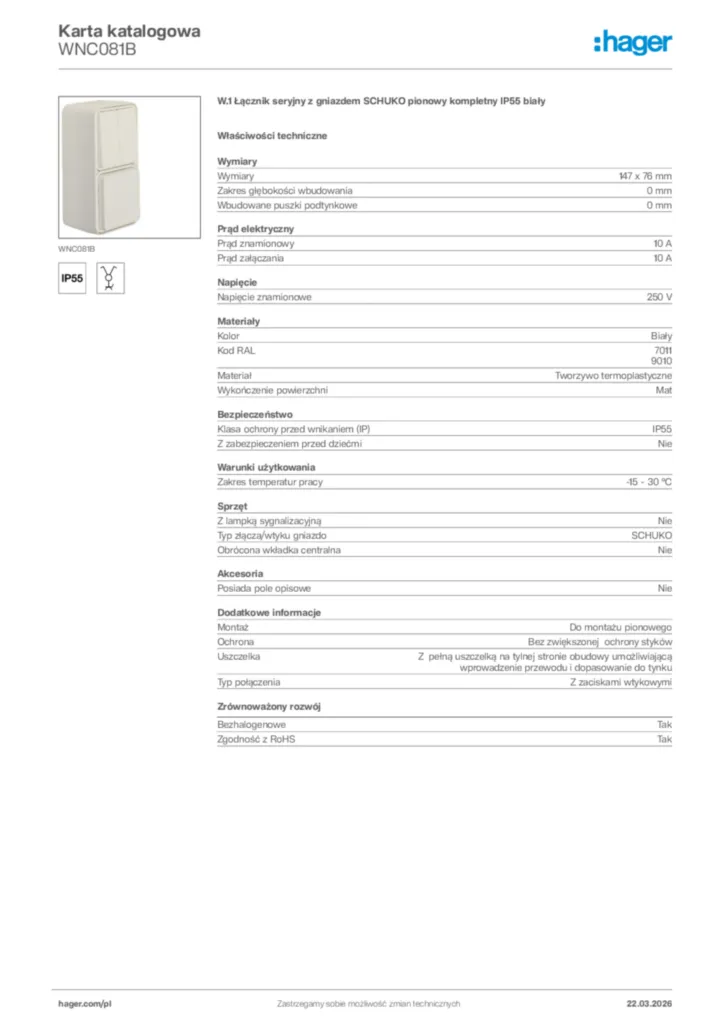 Zdjęcie Hager Karta katalogowa WNC081B | Hager Polska