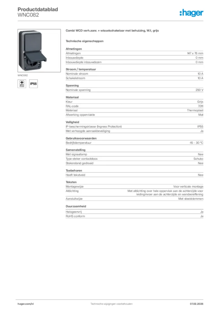 Afbeelding Hager Productdatablad WNC082 | Hager Nederland